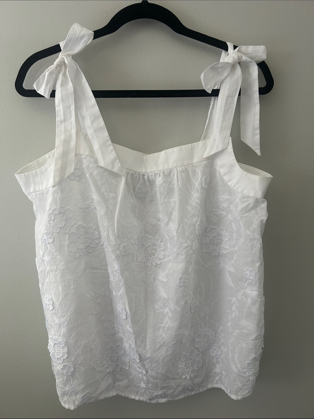 Loft Tie-Shoulder White Embroidered Top, Size Large
